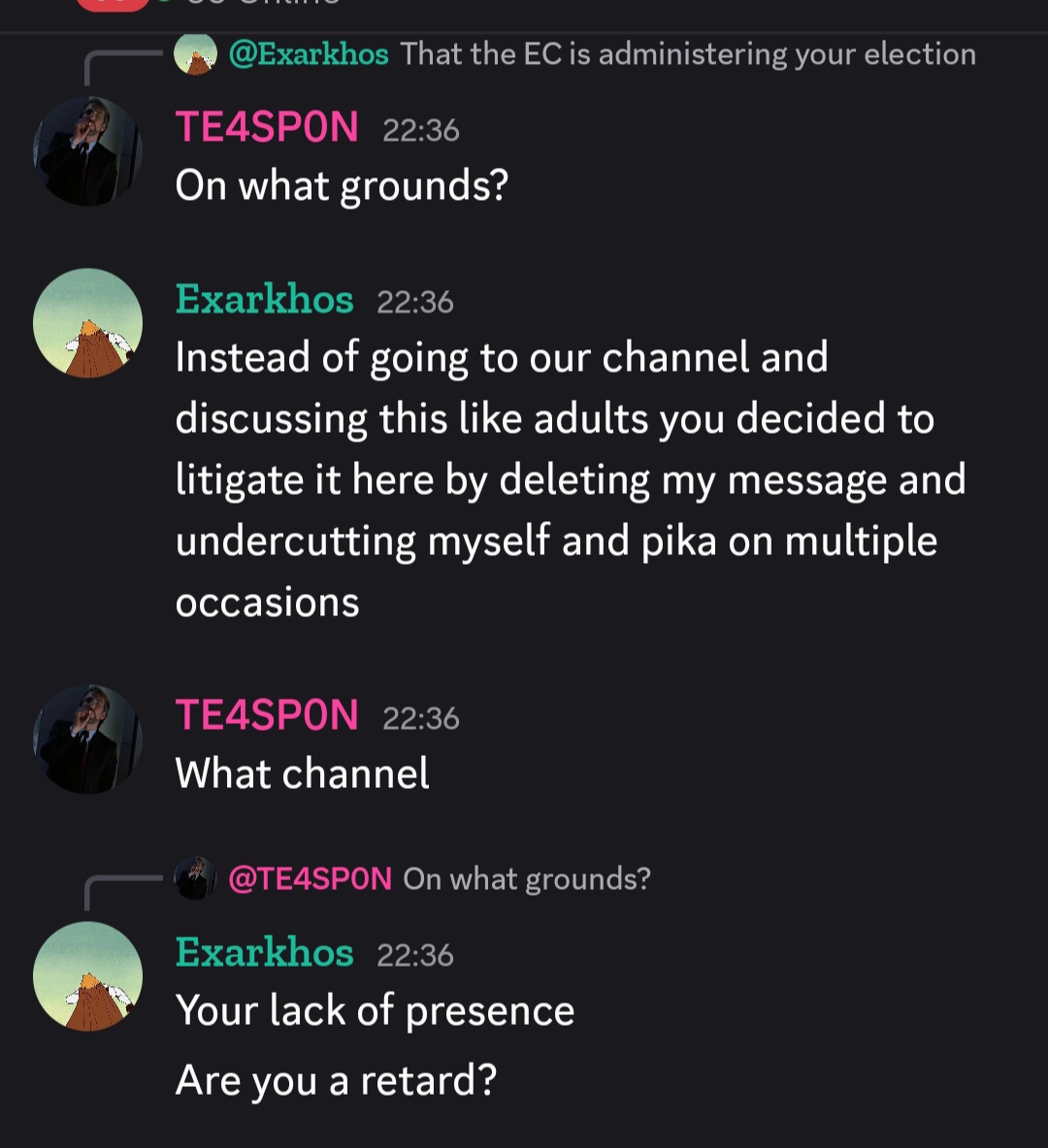 BeeSwarmDude1's tweet photo. Absolutely abhorrent use of language from Exarkhos today - moderation has been informed, hopefully the election will have some integrity. https://t.co/4Ev0M5zoeG