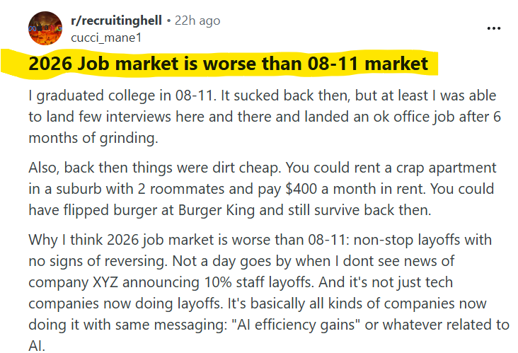 chancy_luck's tweet photo. 5 months ago you would get push back on the idea that the 2026 job market was worse than the GFC. 

Not so, now. Even reddit has picked up on the fact that THE JOBS are going offshore or to foreign visa workers and that prices are out of control. https://t.co/GmnsVjaZQM
