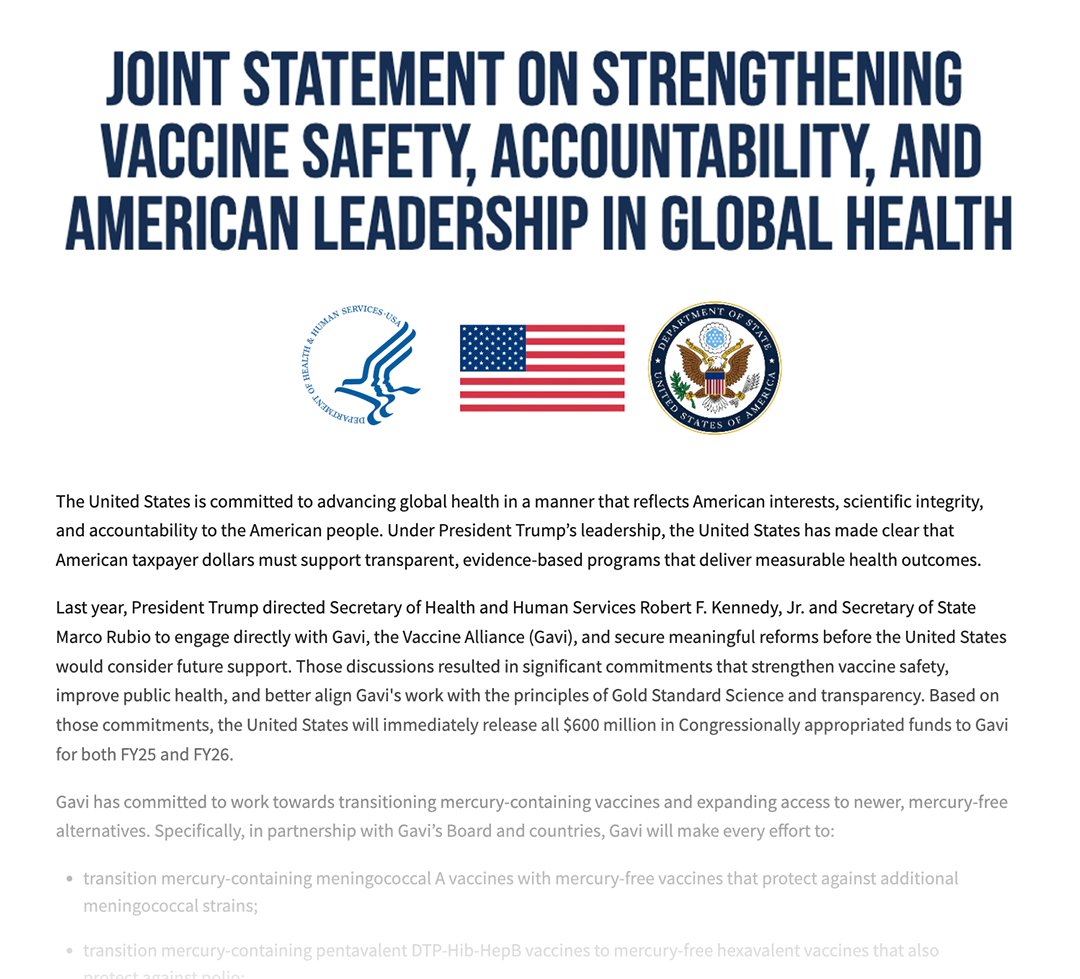 HHSGov's tweet photo. The United States has secured meaningful reforms with @Gavi that strengthen vaccine safety, improve public health, and advance Gold Standard Science and transparency. Under President Trump's leadership, HHS is ensuring American taxpayer dollars support accountable, evidence-based global health programs.

Read here: https://t.co/xHe4wffbLp