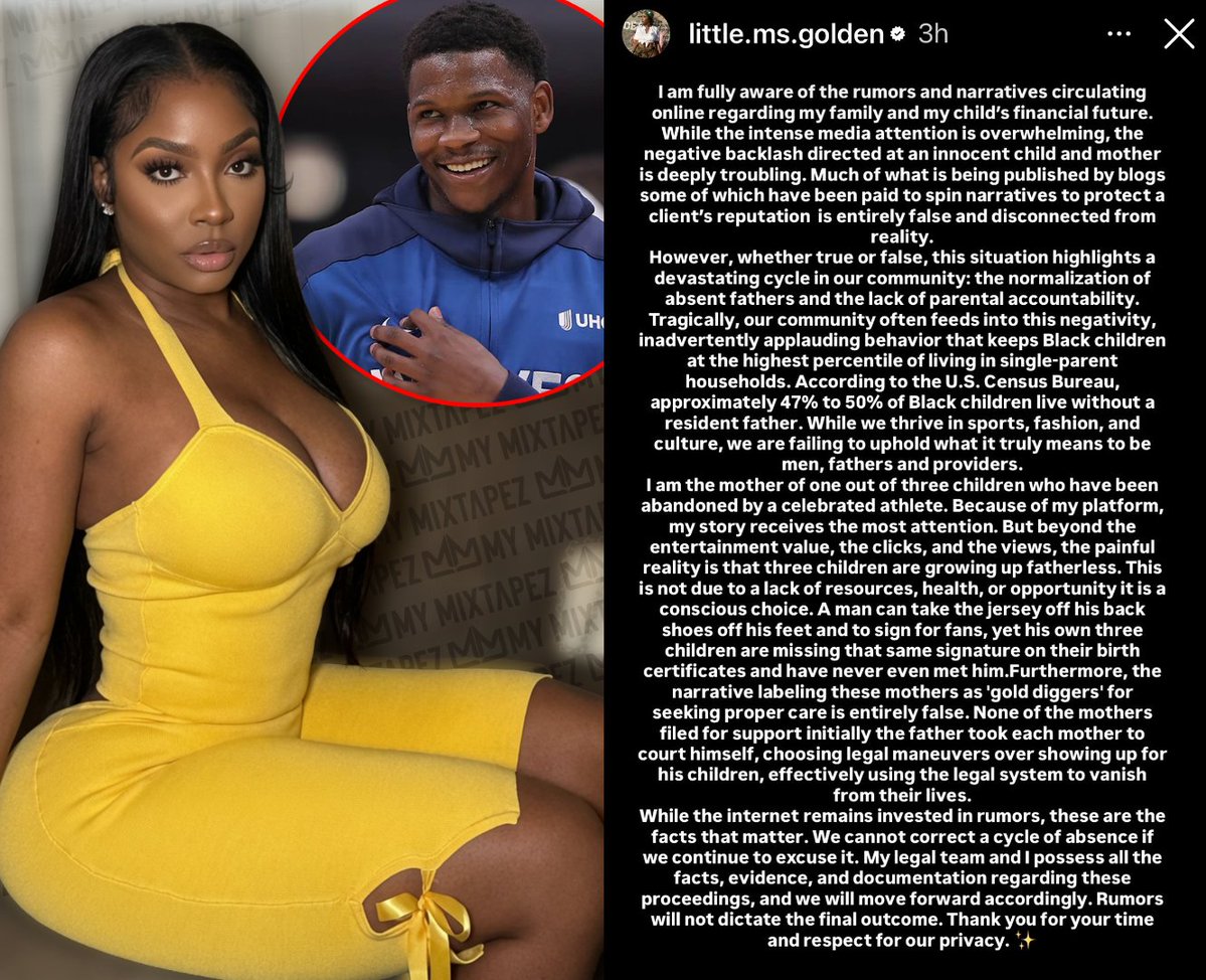 mymixtapez's tweet photo. Anthony Edwards’ baby mama is fed up after a judge reduced his child support payments from $5K to $3K:

“My legal team and I... will continue pursuing the case.” https://t.co/gjpOwBwgmr