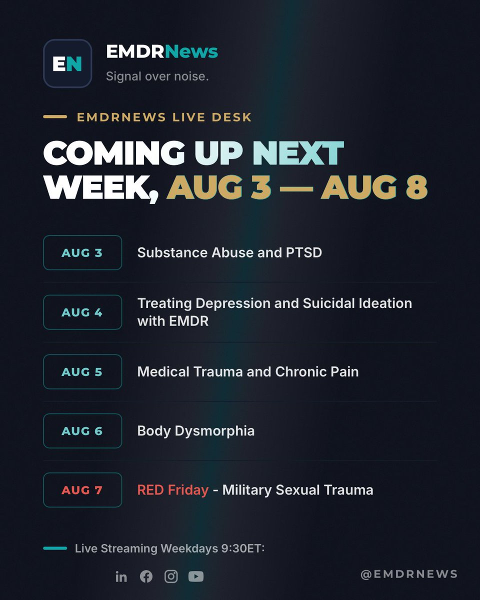 EmdRnews's tweet photo. 5 More EMDRNews Live Streaming episodes coming to you next week.
Here’s what’s coming up next!
#EMDR #EMDRNews #EMDRIA #PTSD https://t.co/BAEQrSFBJM