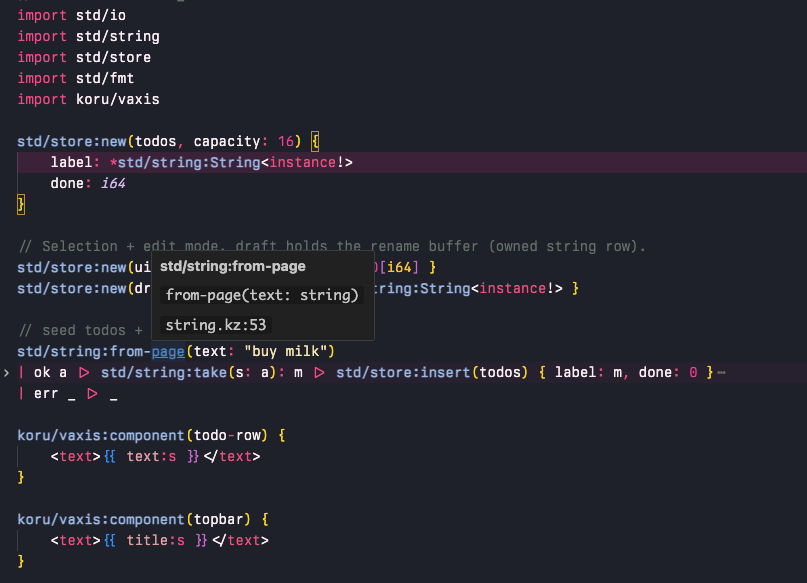 korulang's tweet photo. So, AI first doesn't mean that we don't want an LSP. Koru has an interactive compiler that made it possible to whip this together in very short time. 

Obviously still WIP. But can you tell we're serious?! https://t.co/EmCUnCb4eE