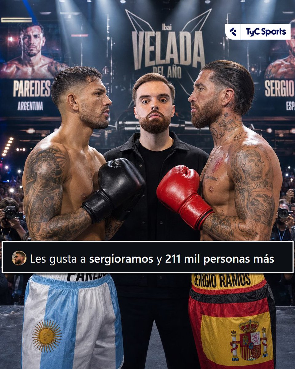 TyCSports's tweet photo. 🥊  UNO QUE PARECE QUE QUIERE PELEA 😅

Con la IA recrearon cómo sería la presentación de una pelea entre Leandro Paredes y Sergio Ramos en la próxima Velada del Año. El histórico defensor español reaccionó al posteo.

📸 IG | gooal_studio https://t.co/HRTtspTJhz