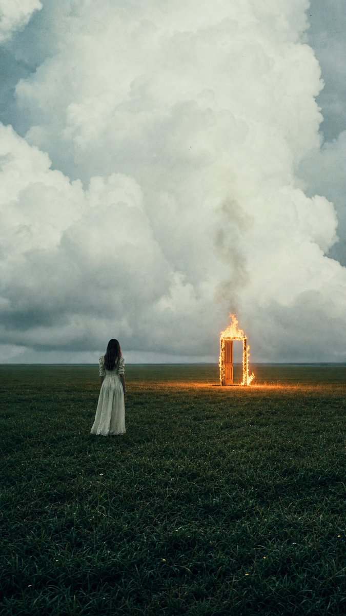 Woman Facing Burning Doorway