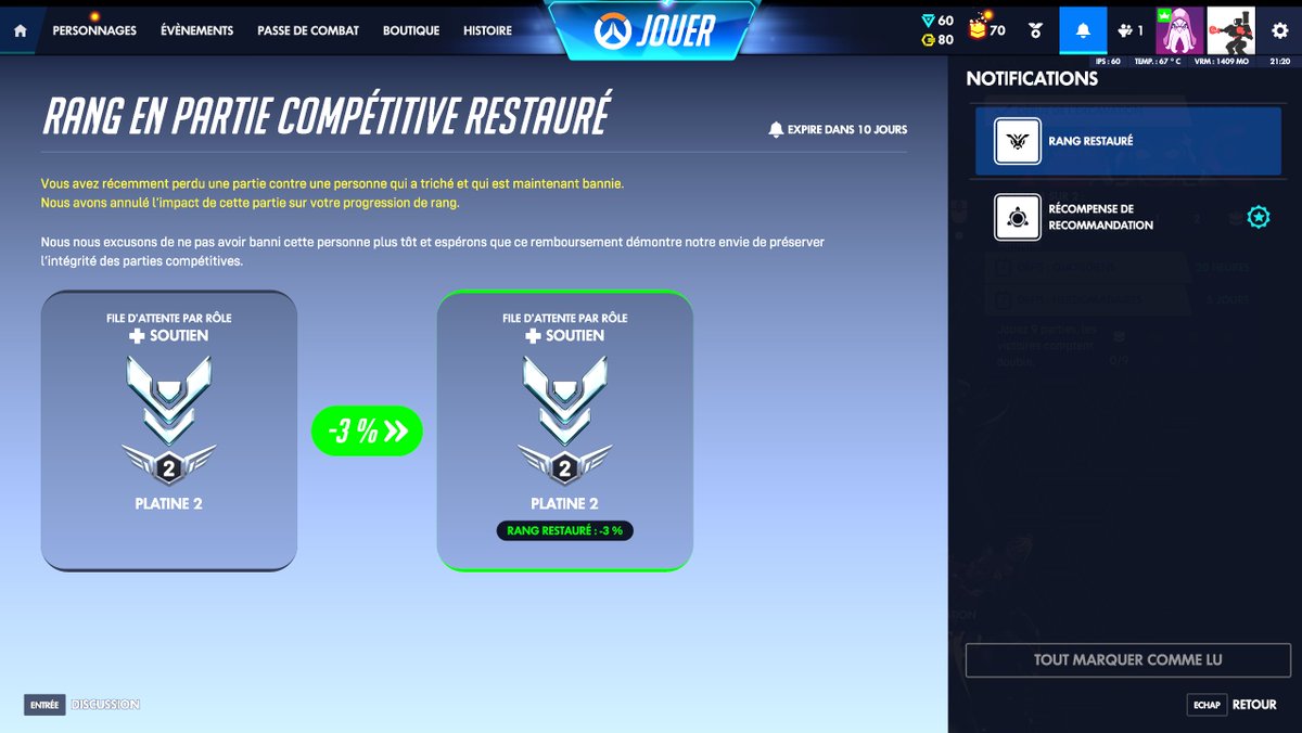 Chpounky's tweet photo. Vraiment ??? C'est une dinguerie de perdre des % en devant en gagner. Je peux récupérer mes points svp ? @PlayOverwatch @OverwatchFR https://t.co/UI3jGpVe3K