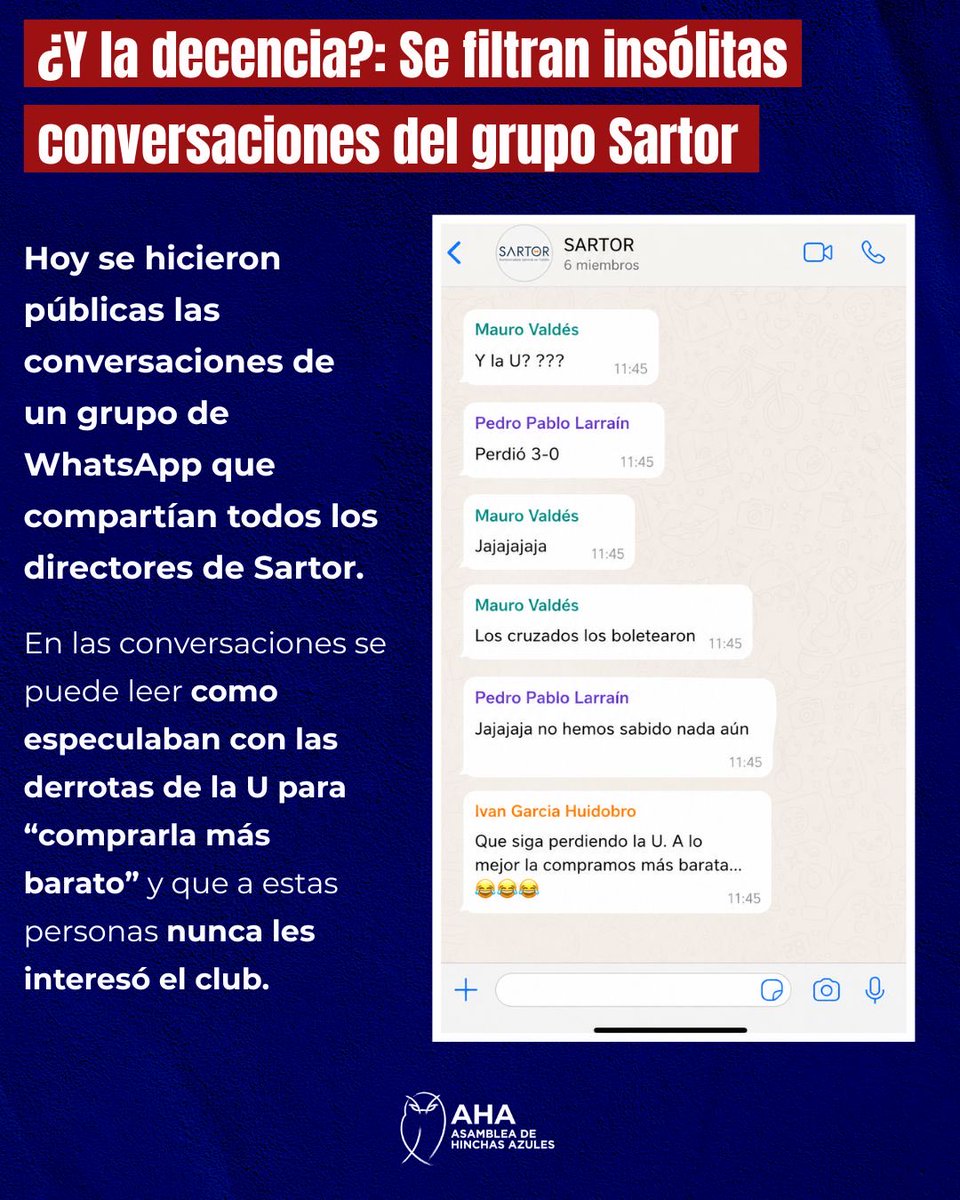 asambleazules's tweet photo. 🤬Son indignantes las conversaciones filtradas, donde se ve que los directivos de Sartor hacen lo que quieren. 

Hasta que la U no se devuelva a quienes les importa, vamos a tener que seguir viendo como se ultraja nuestro club. 

#udechile #losdeabajo #vamoslau https://t.co/WS2KMHCe1x