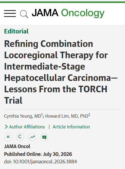 JAMAOnc's tweet photo. 💬 Editorial: The TORCH trial confirms that sequential TACE and thermal ablation improved survival vs TACE alone for intermediate-stage #HCC, with the greatest benefit for low to moderate tumor burden. 

https://t.co/ZRJCgyWDgP https://t.co/5N16z0e8g1