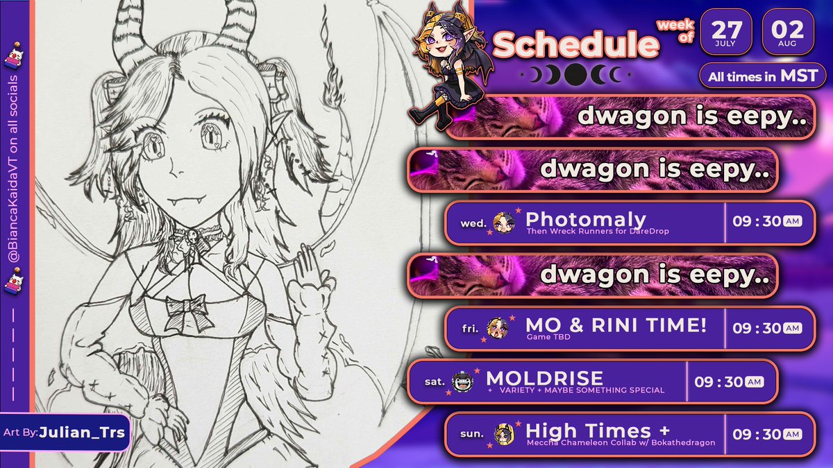 BiancaKaidaVT's tweet photo. 🔮Schedule 07/27-08/02🧡

Grinding out @daredrops  to get some game keys for the community! 
Get to spend time with @cute_mo_  &amp; @Rinienna  + some other amazing collabs. 

KEEP AN EYE OUT FOR A SUPER EXCITING ANNOUNCEMENT. 

🎨- @Julian_Trs 

#Vtuber #Horror https://t.co/qQSlhLy7gT