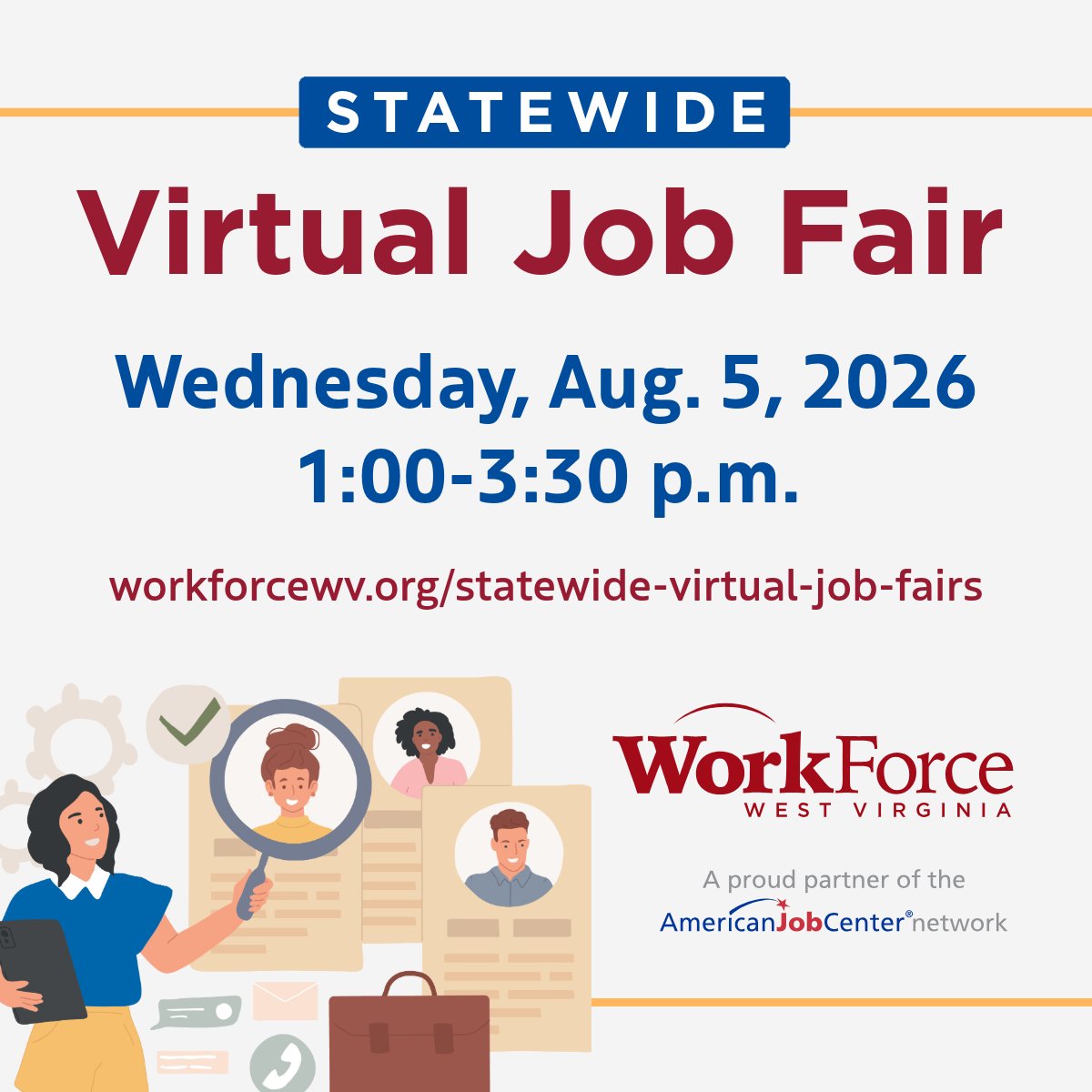 workforcewv's tweet photo. 💬 Don't miss the WorkForce WV Statewide Virtual Job Fair on August 5 from 1:00-3:30 PM! Dress for success, find a calm spot, and connect with top employers. Register today and take the first step to your new career! 
https://t.co/B7P2D37fgo https://t.co/EbrJ9owCVR