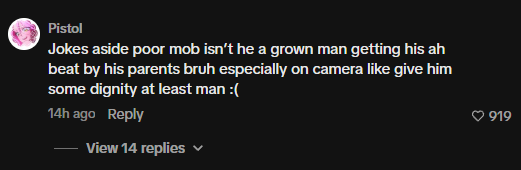 jamsteo's tweet photo. I hate that I have to tweet this but people are genuinely tweakin dawg. People on Tiktok are mad cuz they think Mob was being abused by his father in this video bro. I got people in my comments MAD AT ME because I thought the bit was funny. bro he was just slapping his belly and screaming for a joke. Why would I leave that in a video dude let's be so fr.