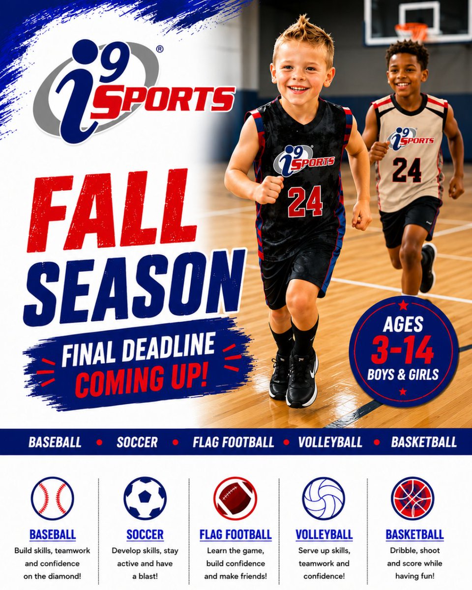 i9Sportsis309's tweet photo. π Don't miss out! The final deadline for our fall programs is just two Sundays away. Secure your spot today for an unforgettable season of fun, safety, and good sportsmanship. πβ½π #YouthSports #i9SportsVegas #JoinTheFun #Sportsmanship https://t.co/iH18L9eLyl