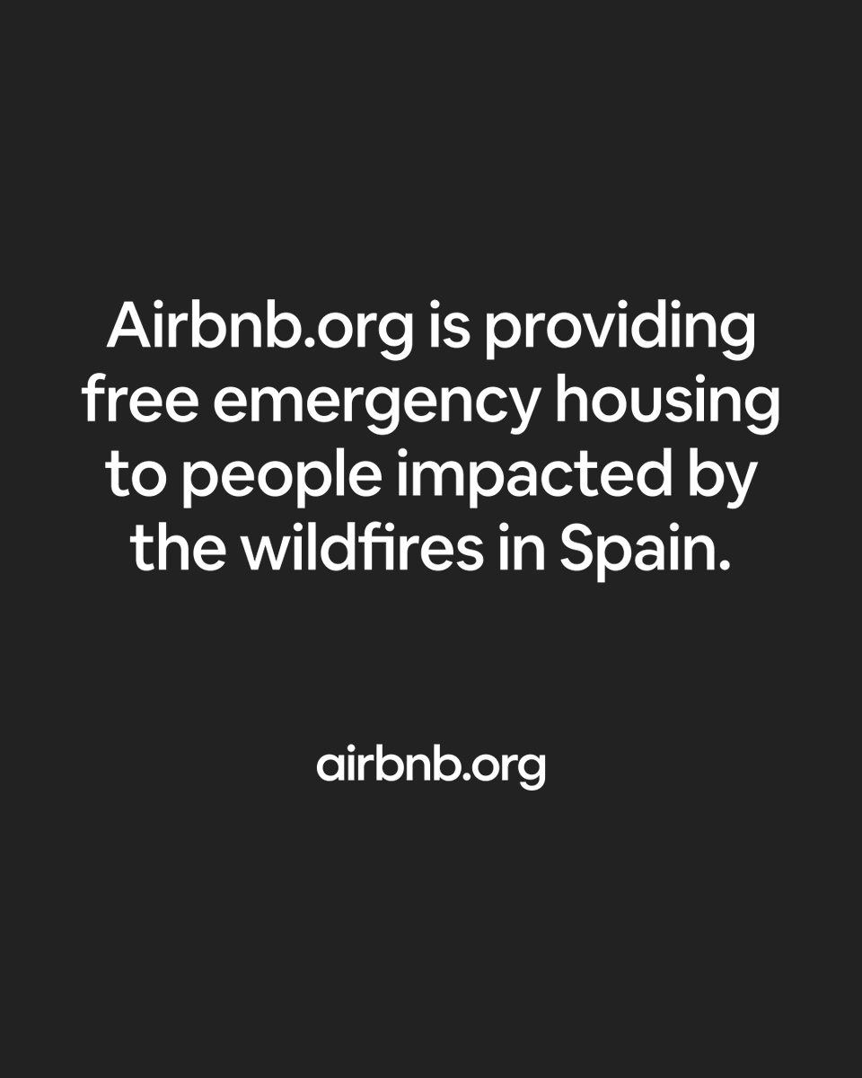 Airbnb's tweet photo. https://t.co/AlJ3K70h6Y is providing emergency housing to Madrid and Ávila residents displaced by the wildfires, in partnership with Mensajeros de la Paz. Stays are completely free for guests and funded by https://t.co/AlJ3K70h6Y.

https://t.co/v3gZktfL4J https://t.co/XlJQUpvuel