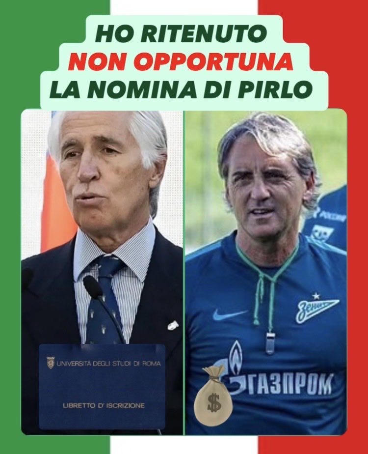 MontecristoDi's tweet photo. Presidente della FIGC Malagò non ha ritenuto opportuno procedere con la nomina di Pirlo come CT perché la sua collaborazione con una società russa di scommesse avrebbe potuto creare problemi di credibilità al movimento sportivo che lui presiede!
👀Instagram #Malagò #mancini https://t.co/YYh49pBudQ