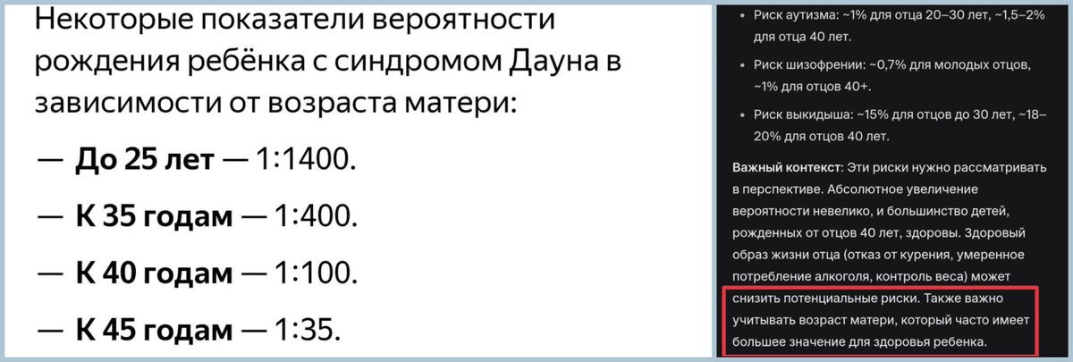 kado4nikov's tweet photo. Риски отца - это де-ново мутации. Но они очень незначительны: на 0.5-1% выше риски у 45-летних отцов в сравнении с 25-летними. В абсолютных значениях это мизер. Теперь сравни это с возрастными рисками у женщин по хромосомным аномалиям в десятки раз! 

Разве здесь есть симметрия? https://t.co/hn0VY7XjJ0