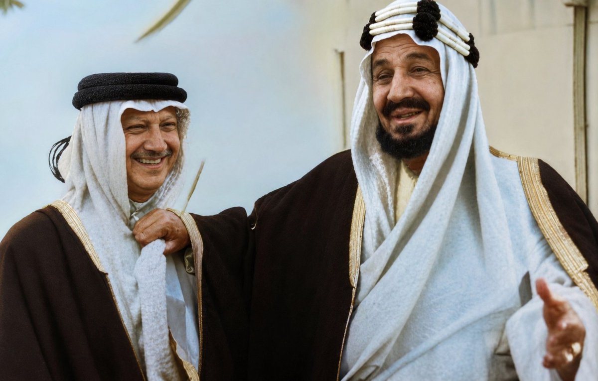 Mahamdsalem36's tweet photo. توثق الصورة التاريخية النادرة لقاءً وُدياً جمع الملك عبد العزيز آل سعود برئيس شركة أرامكو الأسبق فلويد أوليغر (Floyd Ohliger) عام 1939م (1358هـ) حيث ظهر المسؤول الأمريكي مرتدياً الزي السعودي الكامل ومازحه الملك المؤسس بلطف. https://t.co/eom7euEr4K