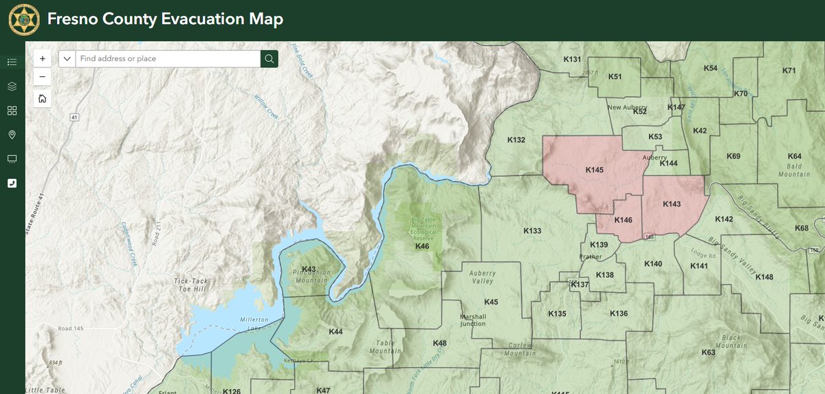 FresnoSheriff's tweet photo. Fire Evacuation Orders Issued in Auberry for people in Zones K143, K145 &amp; K146.  Deputies are making door to door notifications. Firefighters are working to contain the fire. Auberry Rd is closed to motorists between Hwy. 168 &amp; SJ&amp;E Rd. 
Evacuation map: https://t.co/BR8QHeHj6v https://t.co/BHpfebuJnV