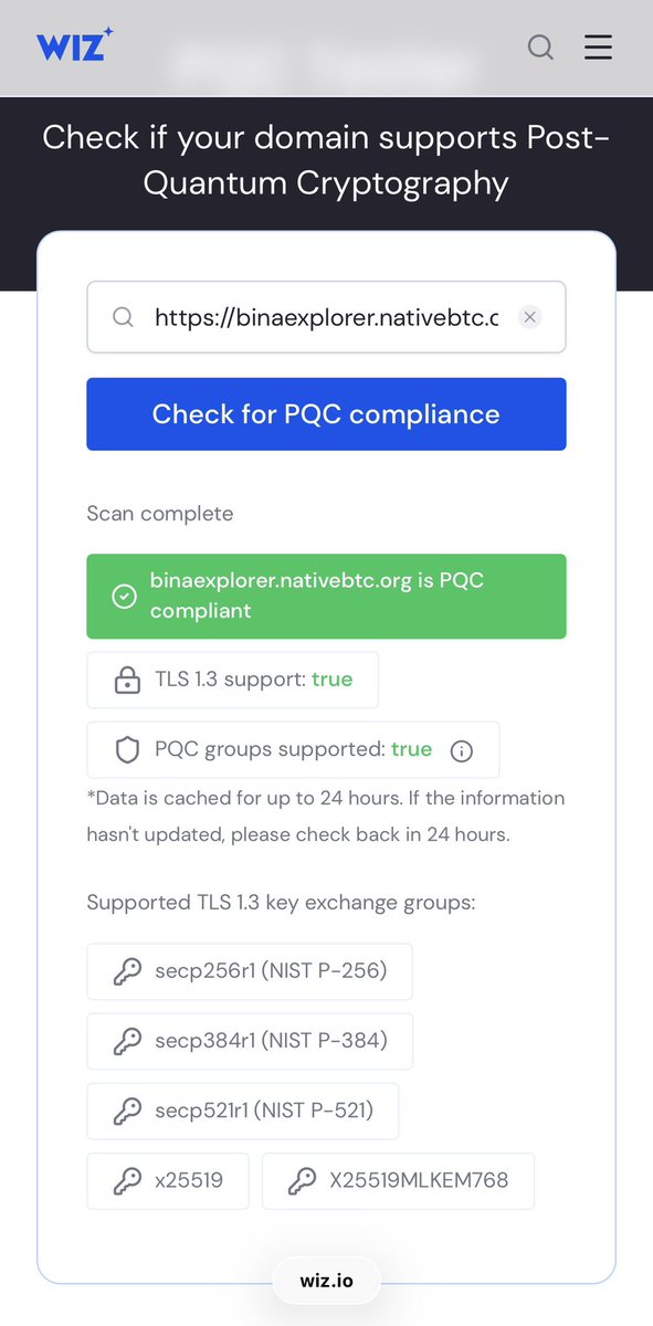 BinaBlockchain's tweet photo. This https://t.co/urs6aCOH0m scan is proof that BINA
practices what it preaches:
"BINA's own infrastructure is PQC-compliant
at the transport layer (ML-KEM 768 via TLS 1.3)
and at the consensus layer (hybrid Ed25519 +
Falcon-512). Independent verification: https://t.co/QfqcVLNKda