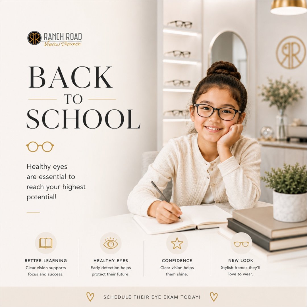 RanchRoadVision's tweet photo. Class is almost in session. Ace back to school shopping with a new pair of glasses for your kids. Call us today to learn more about our current frame promotions! #backtoschool #childrenseyeexams #kidsglasses #VSP #ATXEyeDoc https://t.co/kvsDQlMZSB