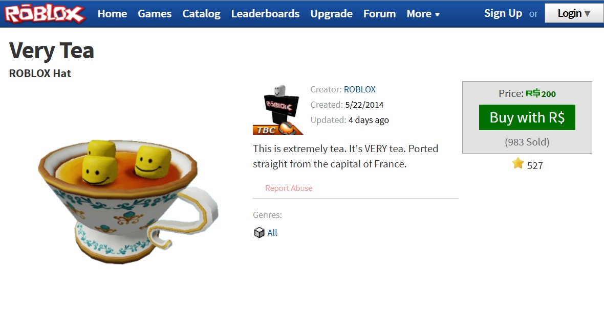 retroahhblud's tweet photo. (Accessory)
Very Tea

Price: R$200
Creation Date: May 22nd, 2014
Description: This is extremely tea. It's VERY tea. Ported straight from the capital of France.
ID: 158066632 https://t.co/sWik2tQxig