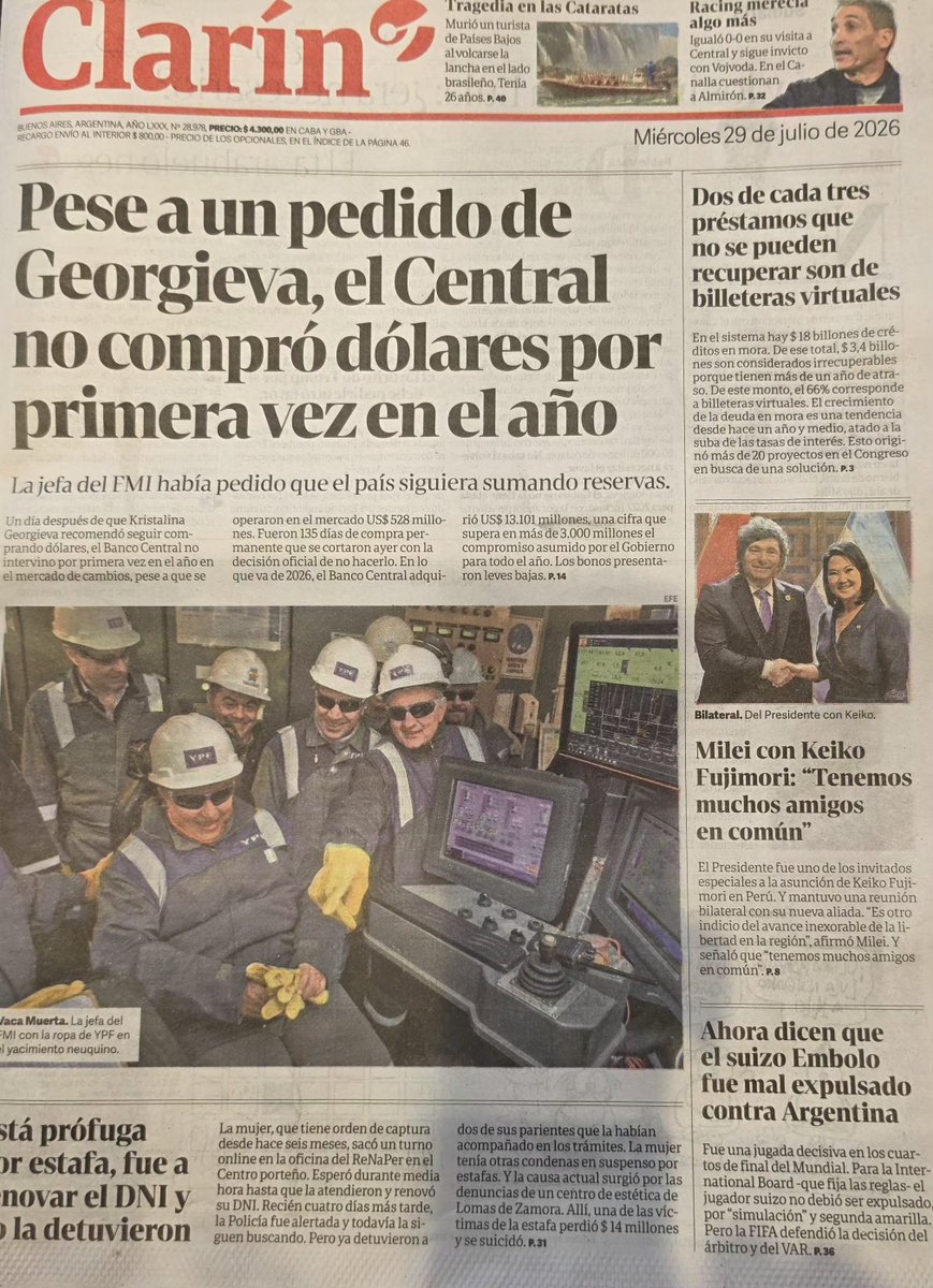 BandaKirchner's tweet photo. Noti 29.7.26 1) No cede tensión c Brasil, Lula pide investigar viaje Milei/Georgieva visita Vaca Muerta fábrica de inversión/Central no compró dólares/Monos YPF/Tras anunció Tucumán otras provincias desdoblan elecciones/Turista murió tras vuelco lancha en cataratas lado brasilero https://t.co/mLVhgqGRRC