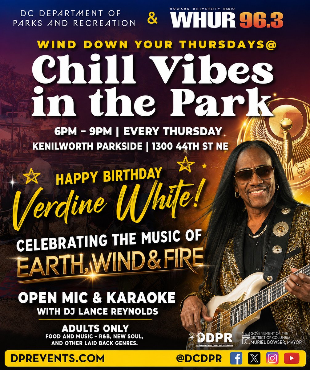 WHURfm's tweet photo. Need a cool way to spend your Thursday? 🎶 Join us for Chill Vibes in the Park from 6-9 PM at Kenilworth Parkside! Enjoy R&B, neo-soul, open mic, karaoke, food & more. FREE admission! bring a lawn chair or blanket! ☀️🪑 #WHUR963 #DCEvents #ChillVibes https://t.co/4wqLsu79NW