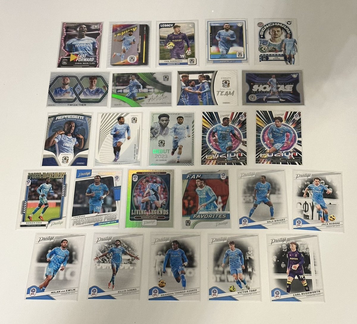 awbuswell's tweet photo. All of the Panini EFL cards for Coventry now acquired. Excluding the really rare ones and autograph cards as they’re just too expensive.

Looking forward to getting whatever Premier League ones come out over the next year #PUSB https://t.co/AS8bzulHPD