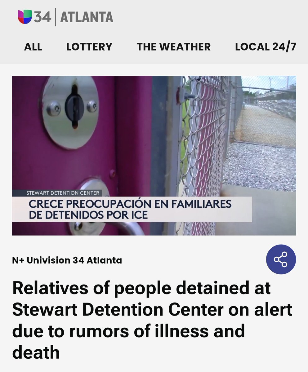 LongTimeHistory's tweet photo. A family says someone died. Witnesses inside say his body was taken away. Yet ICE will not even answer the most basic questions.

The report came from the wife of a detained man, who said people inside are seriously ill and “coughing up blood.” During a call from the facility, she said another detainee had just died and that his body was being removed.

ICE has not confirmed or denied it. The silence is especially alarming because Stewart is already one of the country’s most criticized immigration detention facilities. 

Link to full story:
https://t.co/u3kQww7vw4