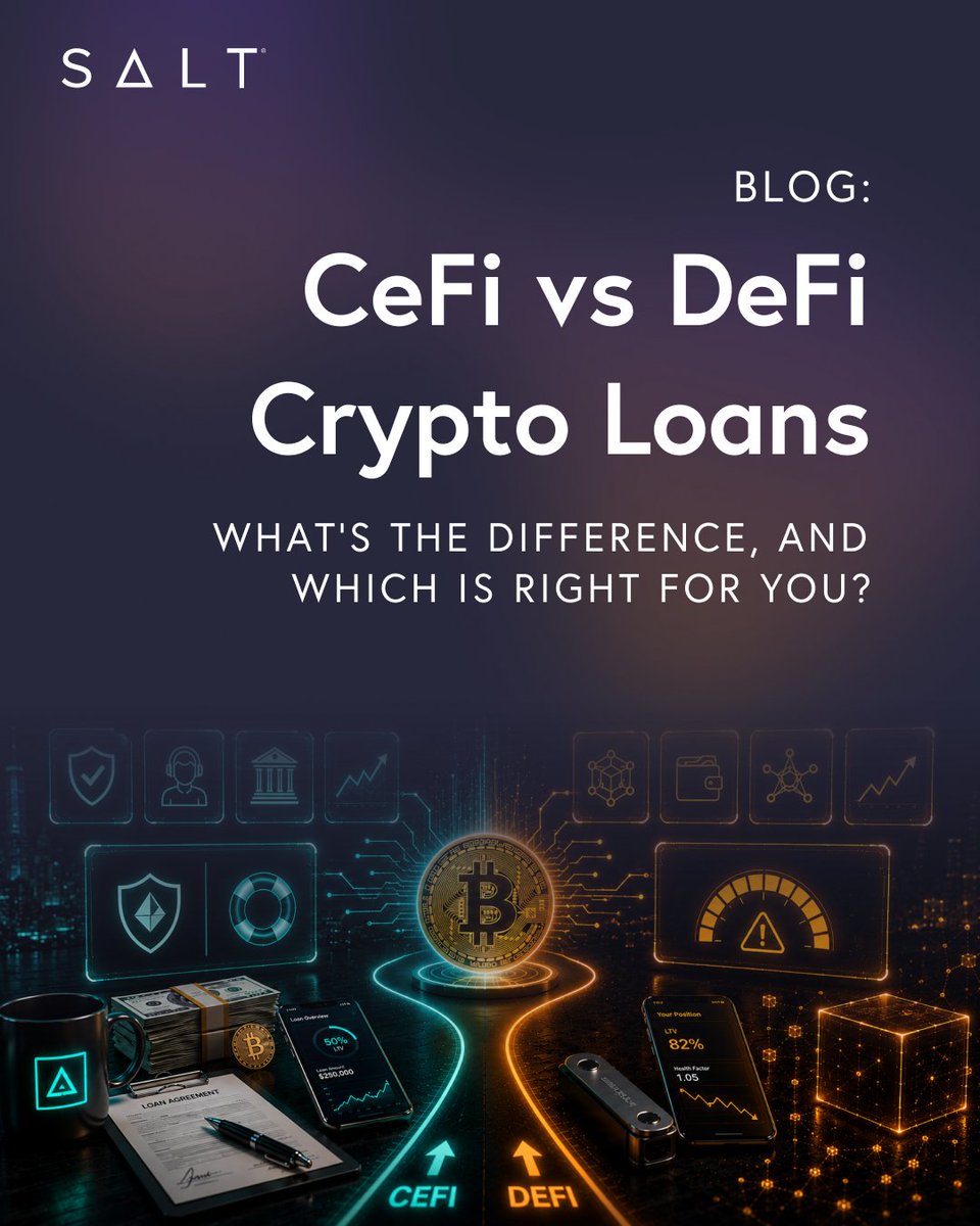 SALTLending's tweet photo. CeFi vs. DeFi: Same goal. Very different experience.

🏦 Human support vs. smart contracts
 🛡️ Margin call options vs. automatic liquidation
 📜 Licensed lender vs. permissionless protocol

#Bitcoin #BTC #BitcoinLoans #BitcoinLending #SALT #Cefi #Defi #SALTLending https://t.co/80L0WPiOES