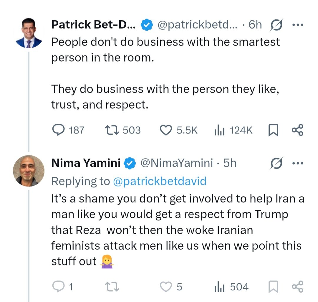 diana_bloom_'s tweet photo. Patrick MEK David 🤝 Nima NOT WELL Yamini

One was relentlessly attacking the Crown Prince during the massacre and the war and was apparently approached by "powerful people with money" who asked him if he wanted to be Iran's new leader (nobody inside Iran knows this clown). He thought about it for months and spent 80 hours discussing it.

The other is a mentally unwell individual (obsessed, aggressive) who has been trying to destroy both the Israeli and the Iranian community from within, and who keeps calling me Derek because he thinks I'm a man.

Now they are joining forces to speak badly about the Crown Prince and his team. 

Both individuals display different but similar degrees of delusion, grandiosity and narcissism. I would recommend psychiatric help and medication.