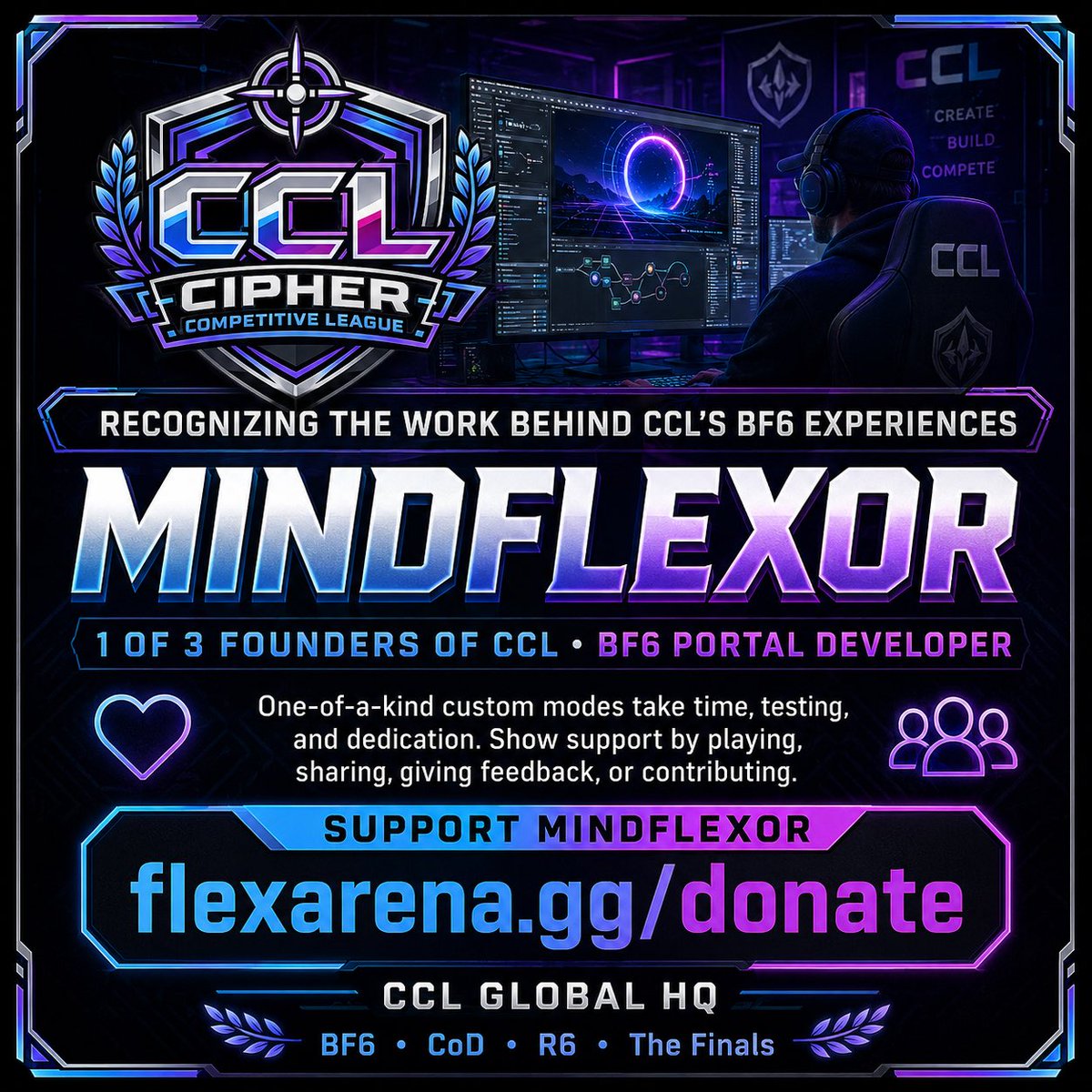 CCLGlobalHQ's tweet photo. 🛠️ Mindflexor, one of CCL’s three founders, has poured countless hours into building one-of-a-kind BF6 Portal experiences. Playing, sharing, and giving feedback matter but financial support can give him the second wind to keep creating. Support him: https://t.co/L0vRYKawbm #Dev https://t.co/MzyaHjekPa