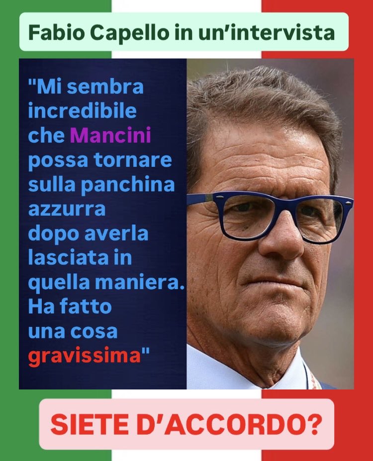 MontecristoDi's tweet photo. Fabio Capello ha detto la sua in un’intervista rilasciata a un quotidiano dove tra le altre cose ha detto : “Mi sembra incredibile che Mancini possa tornare sulla panchina azzurra dopo averla lasciata in quella maniera.Ha fatto una cosa gravissima" 👀 Instagram
#Mancini #Capello https://t.co/G8yDlZz5FT