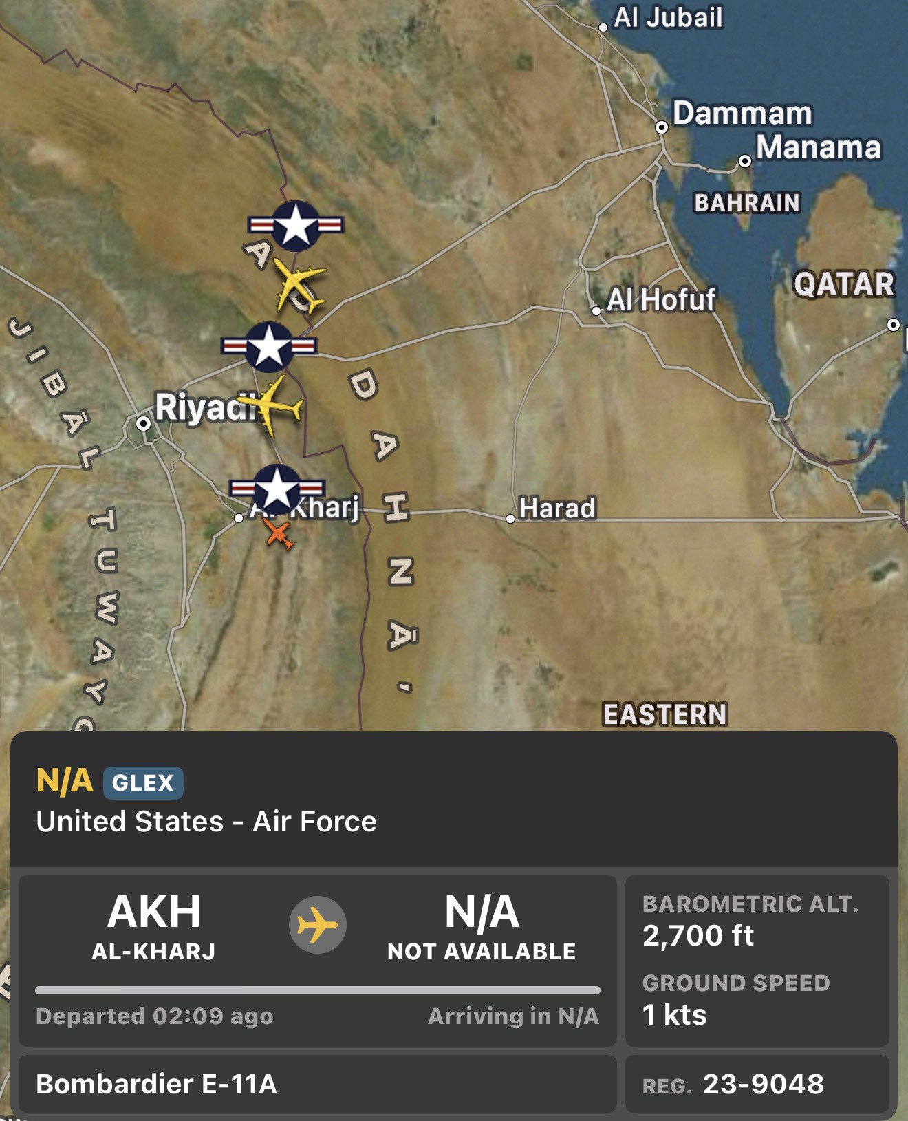 U.S. E-11A airborne communications relay active over Saudi Arabia