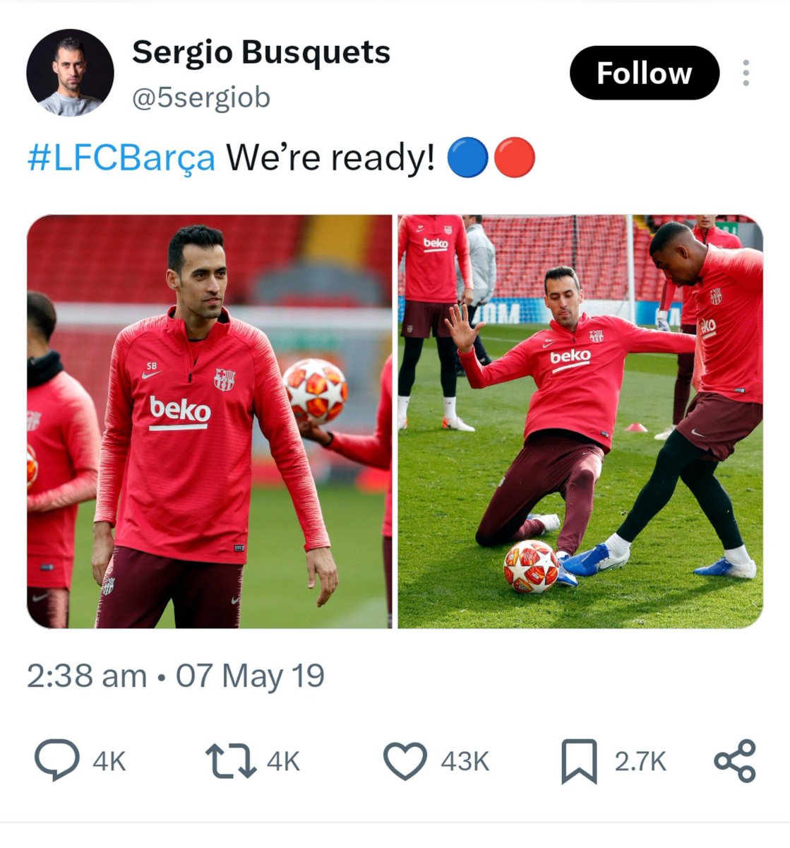 pain_jr333's tweet photo. Messi não postou nada desde a derrota na final da Copa do Mundo.

Mas eu me lembrei que Busquets não postou nada desde aquela noite horrível em Anfield. https://t.co/u024eiag6I