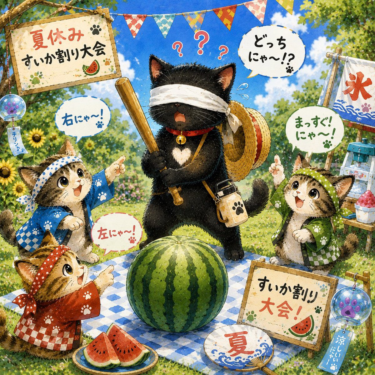 jun_blair_melon's tweet photo. おはにゃ〜🍉 🐈‍⬛ 🐾 今日はすいか割り大会にゃ〜✨ 右？左？まっすぐ？🤣 みんなの応援で頑張るにゃ♪

#黒猫 #猫 #すいか割り #夏休み #癒し #イラスト #猫好き #クロ https://t.co/hw6aM2gcWV
