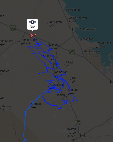 RoseyGaza's tweet photo. The US Boeing E-3B Sentry early-warning aircraft took off from the US base in Al-Kharj and is currently conducting intensive flights over Saudi Arabia's Eastern Province, along the Persian Gulf. https://t.co/CTLyS64bQI
