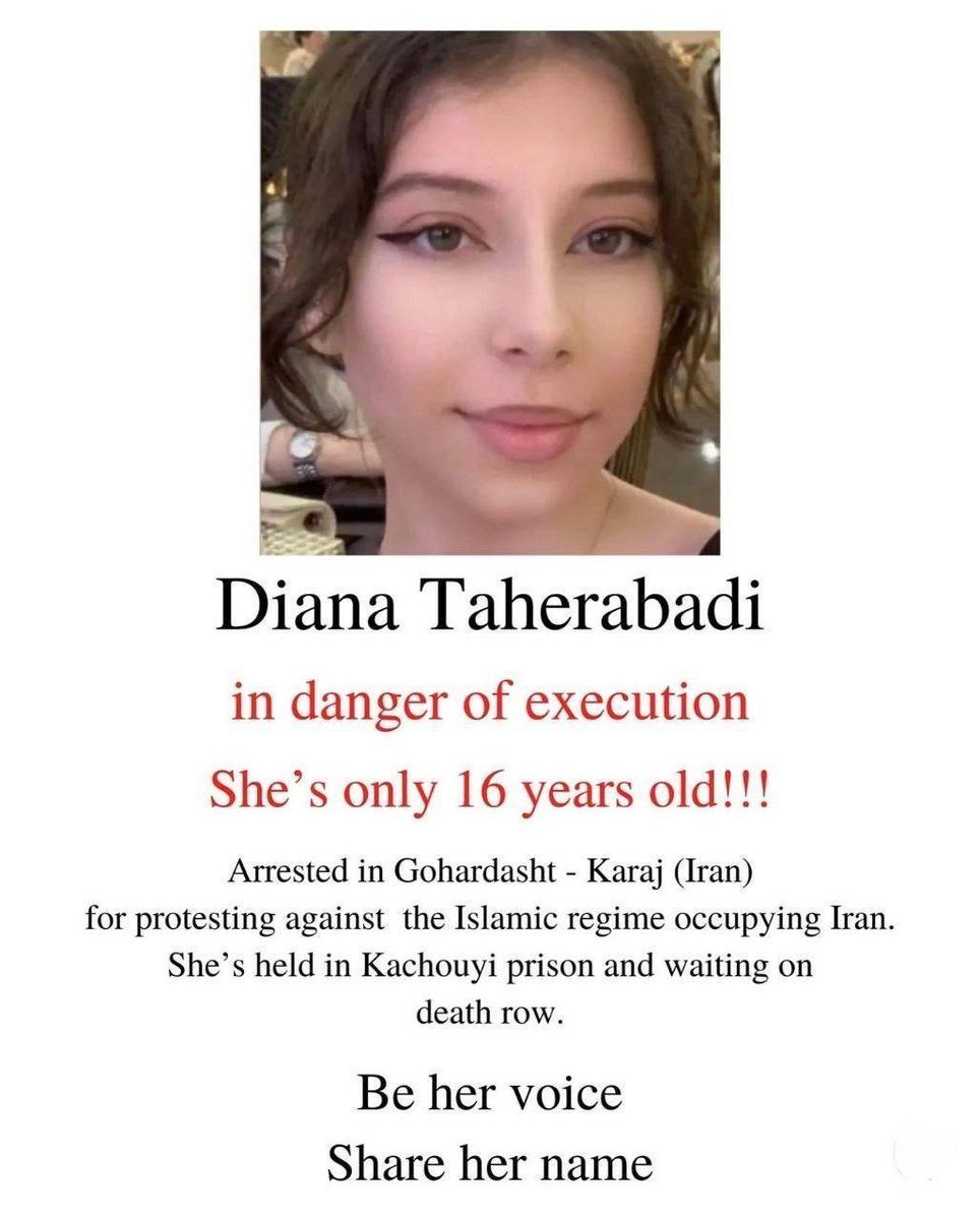 LIetitpass's tweet photo. ⁦→
#DianaTaherabadi
in danger of execution She's only 16 years old!!!
Arrested in Gohardasht - Karaj
for protesting against the Islamic regime occupying Iran. She's held in Kachouyi prison and waiting on death row.
#StopExecutionsInIran
#StopExecutions 
@HRANA_English @HengawO https://t.co/ihKSaGXu4A