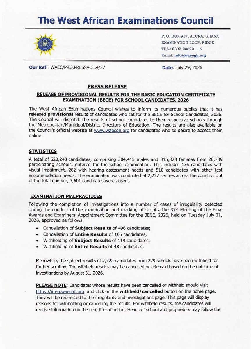 financiallexis's tweet photo. Just in

2026 BECE results for school candidates released https://t.co/CWMV08FSjN