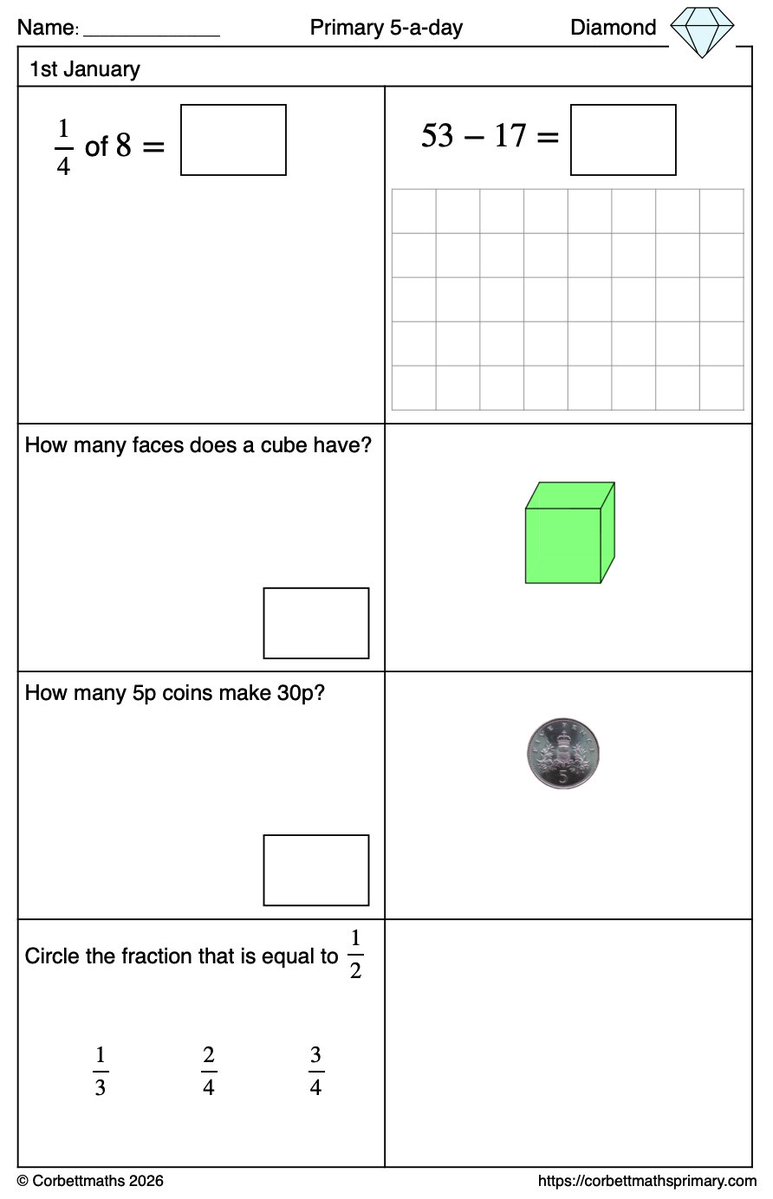 Corbettmaths's tweet photo. Just started adding the Diamond 5-a-day for KS1 💎🎉 
Aiming to have all the sheets (and their answers) added to the website by the end of August (along with the proof reading).
https://t.co/TS2DMmH78q
I really hope they will be useful for your students/child. https://t.co/IuJv6vyQ8g
