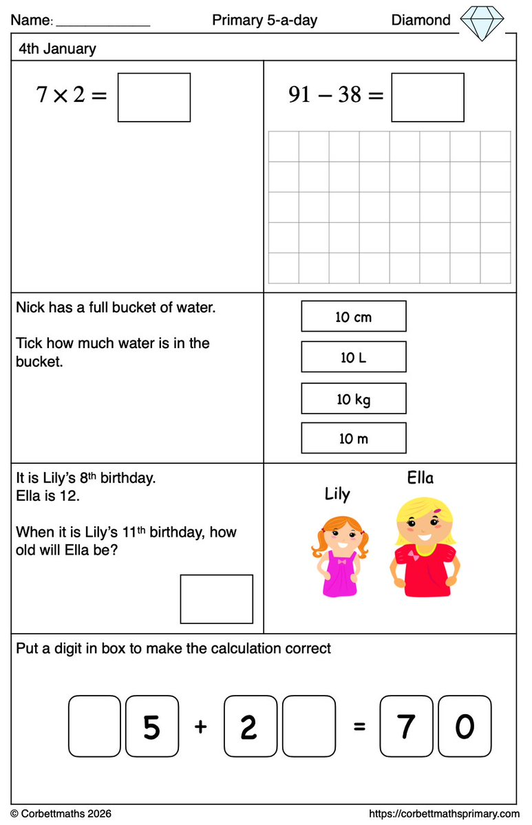 Corbettmaths's tweet photo. Just started adding the Diamond 5-a-day for KS1 💎🎉 
Aiming to have all the sheets (and their answers) added to the website by the end of August (along with the proof reading).
https://t.co/TS2DMmH78q
I really hope they will be useful for your students/child. https://t.co/IuJv6vyQ8g