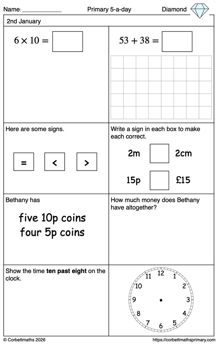 Corbettmaths's tweet photo. Just started adding the Diamond 5-a-day for KS1 💎🎉 
Aiming to have all the sheets (and their answers) added to the website by the end of August (along with the proof reading).
https://t.co/TS2DMmH78q
I really hope they will be useful for your students/child. https://t.co/IuJv6vyQ8g