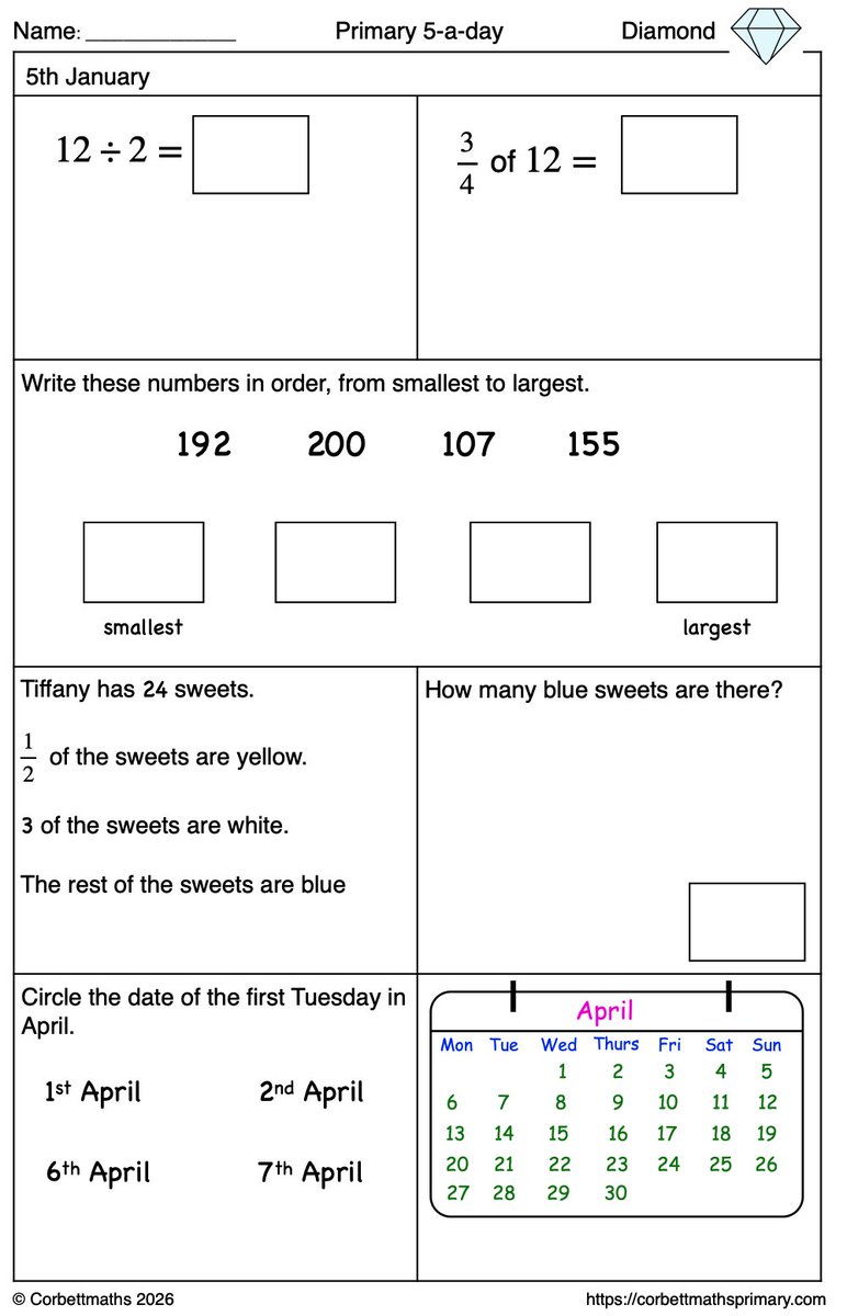 Corbettmaths's tweet photo. Just started adding the Diamond 5-a-day for KS1 💎🎉 
Aiming to have all the sheets (and their answers) added to the website by the end of August (along with the proof reading).
https://t.co/TS2DMmH78q
I really hope they will be useful for your students/child. https://t.co/IuJv6vyQ8g