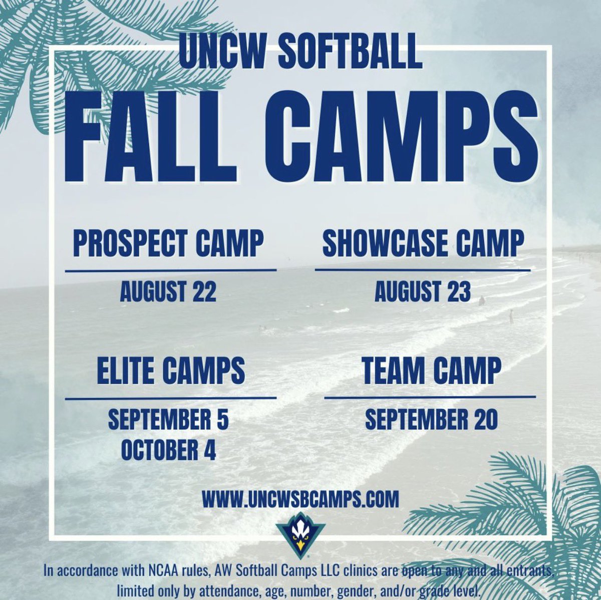 UNCWsbcamp's tweet photo. SAVE THE DATE!! 📅 

Registration for UNCW Fall Camps and mini clinics will be open very soon! Visit https://t.co/wbrrOjeiow for more information and to register! https://t.co/STxkrDu4Za
