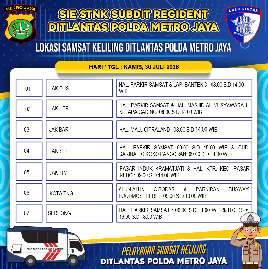 TMCPoldaMetro's tweet photo. Lokasi Pelayanan Samsat Keliling Dit Lantas Polda Metro Jaya, Kamis, 30 Juli 2026. https://t.co/7VAL90PEcD