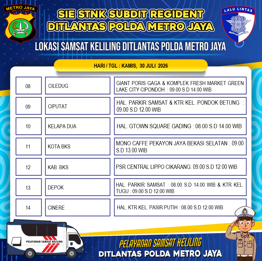 TMCPoldaMetro's tweet photo. Lokasi Pelayanan Samsat Keliling Dit Lantas Polda Metro Jaya, Kamis, 30 Juli 2026. https://t.co/7VAL90PEcD