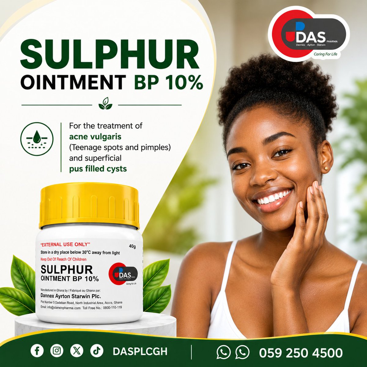 DASPLCGH's tweet photo. One jar. Many skin solutions. 🙌
Sulphur Ointment treats acne, pimples, cysts &amp; more.
Available in pharmacies and OTC medicine sellers nationwide!
#DannexAyrtonStarwinPLC
#CaringForLife
#SulphurPower 
#GhanaSkincare #DASPLC https://t.co/IpSbQKthZC