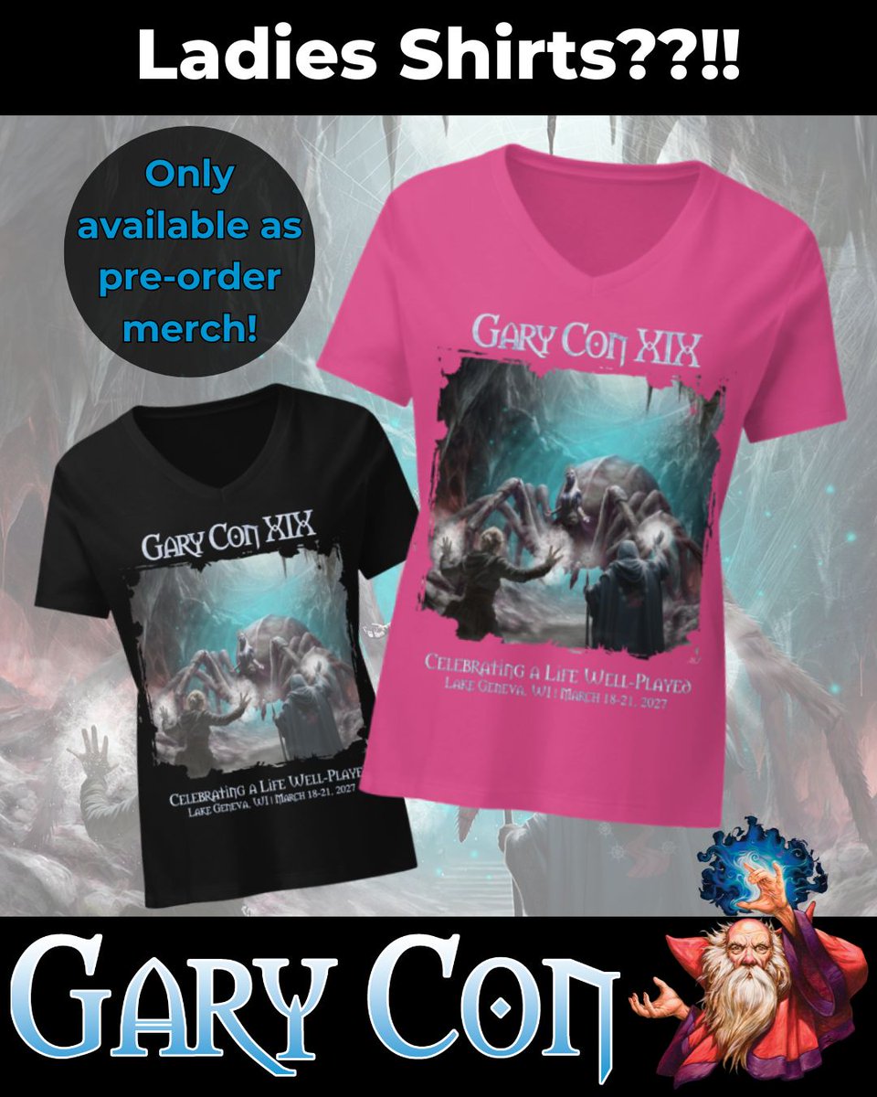 GaryCon's tweet photo. Gary Con XIX LADIES SHIRTS are available for PRE-ORDERS ONLY in either black or pink! Treat yourself by placing your order today at: https://t.co/vJ3kBzlC0Q 

#GaryCon #GCXIX #Gaming #TTRPGs #Convention #PreOrderMerch https://t.co/5e2y7wmCFa