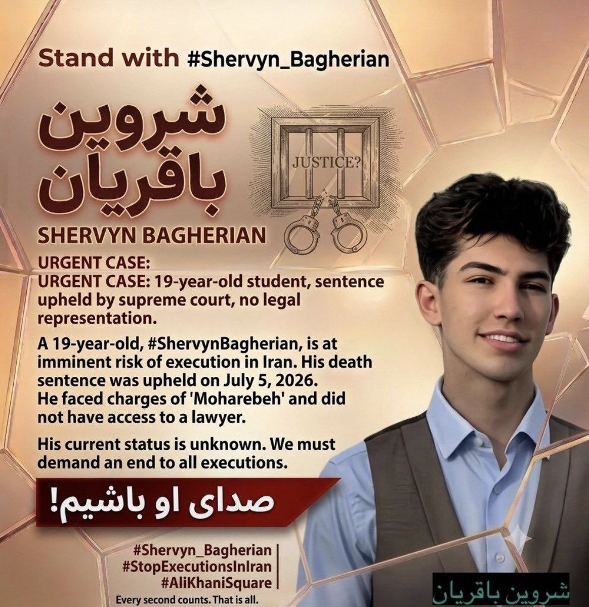 somi_army7's tweet photo. برای تو جور دیگرگریستم
#ShervinBagherian is a 19year-old protester who got arrested back on January 8th in Isfahan’s Alikhani Square. He was charged with moharebeh and has now been sentenced to death.We need to be his voice.
#StopExecutionsInIran
#StopExecutions 
 @HRANA_English https://t.co/U5v30yJzFR