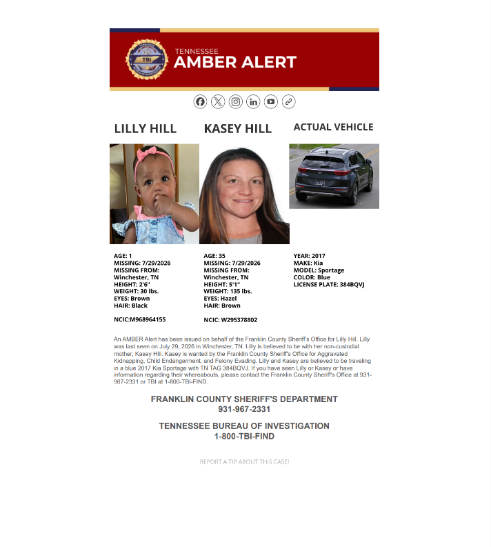 TBInvestigation's tweet photo. An AMBER ALERT has been issued on behalf of the Franklin County Sheriff’s Office for 1 y/o Lilly Hill.

Lilly is 30 lbs and has black hair &amp; brown eyes. She was last seen on Wednesday in Winchester. 

 Spot her? Have information about her whereabouts? Call TBI at 1-800-TBI-FIND. https://t.co/vu7MMvIZba