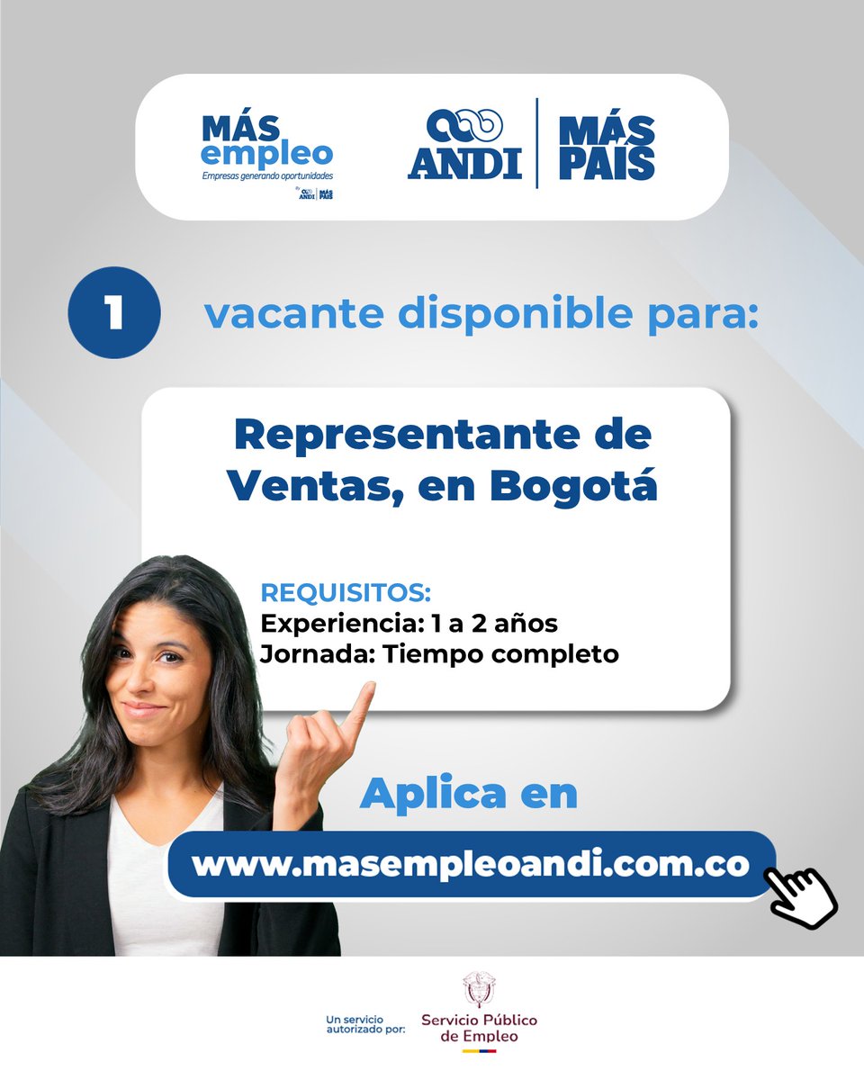 MasEmpleoAndi's tweet photo. 📍 Bogotá, ¡las ventas son lo tuyo!

🤝 Se solicita 1 Representante de Ventas con energía y ganas de crecer.

🚀 Postúlate hoy 👉 https://t.co/GDcF6Cjede https://t.co/VDdOm3f8Bu