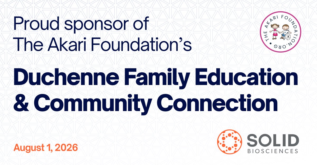Solid_Bio's tweet photo. We’re proud to sponsor The Akari Foundation’s Duchenne Family Education & Community Connection Event on August 1, bringing together individuals and families in the Duchenne community to learn, connect and access valuable resources.

The Akari Foundation is dedicated to educating and empowering the Hispanic community affected by rare neuromuscular diseases, providing them with equitable access to information, awareness and advocacy for comprehensive support.

We look forward to connecting with the Duchenne community throughout the event.

Learn more about The Akari Foundation: https://t.co/PBKp6HKqLp

#RareDisease #PatientAdvocacy #Duchenne #MuscularDystrophy